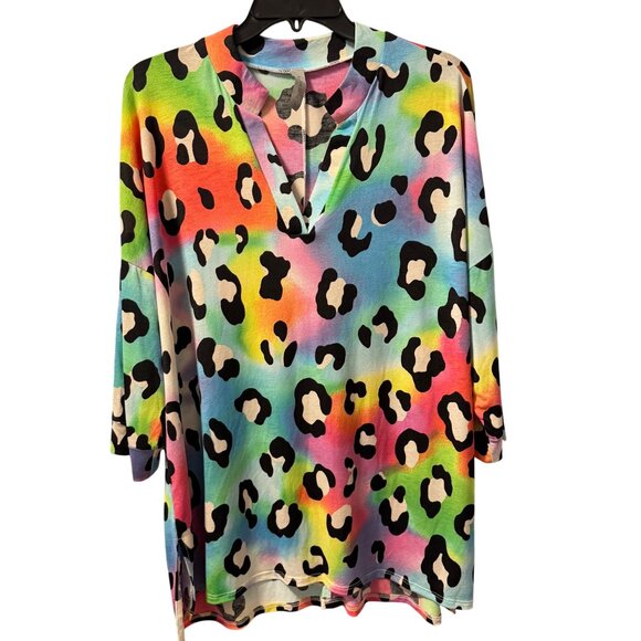 HoneymE Curvy Rainbow Leopard Print Top Sz XL blouse tunic multi - Picture 2 of 12